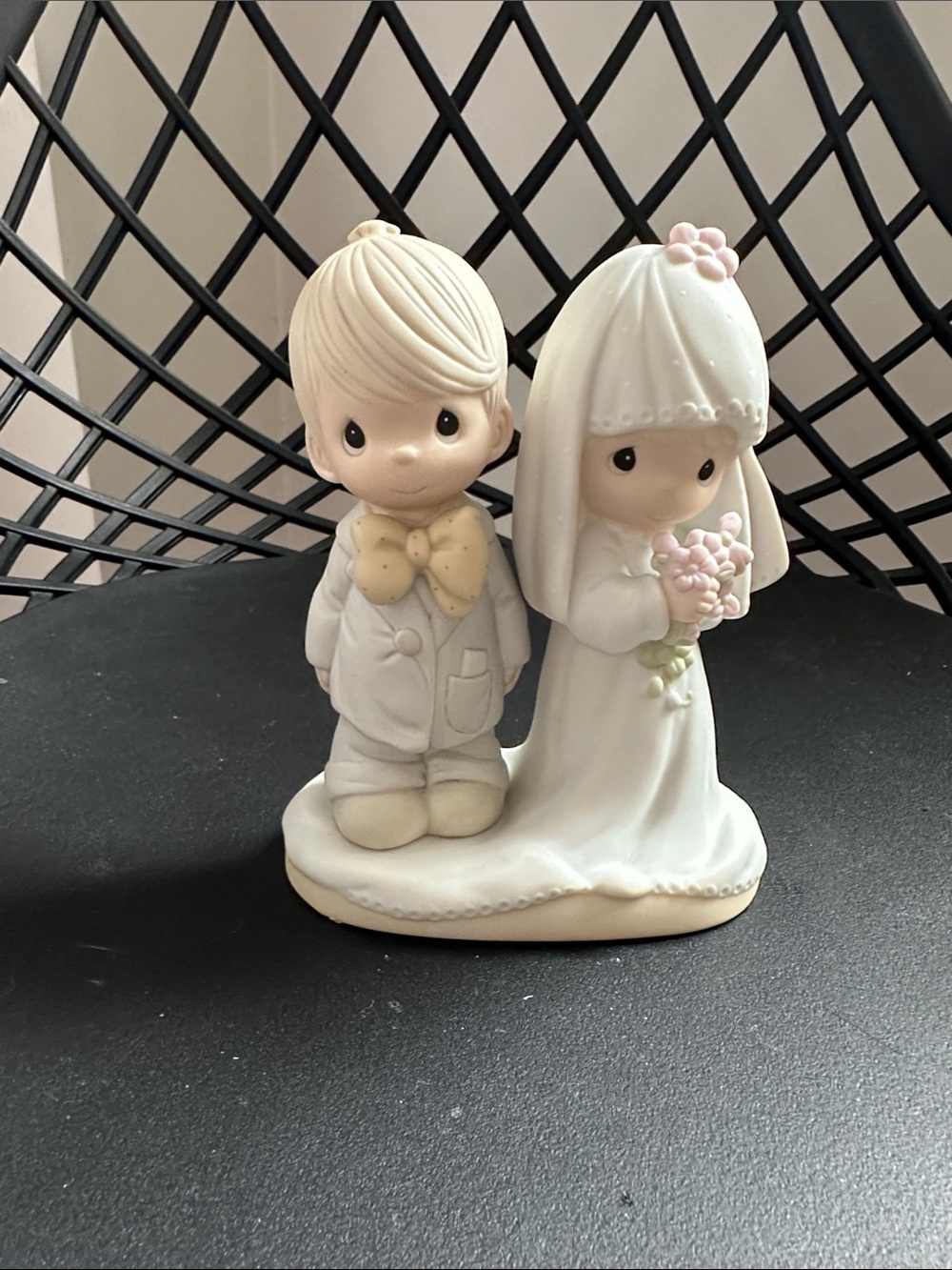 Precious Moments Ivory Bride and Groom Cake Topper with Pale Pink Accents